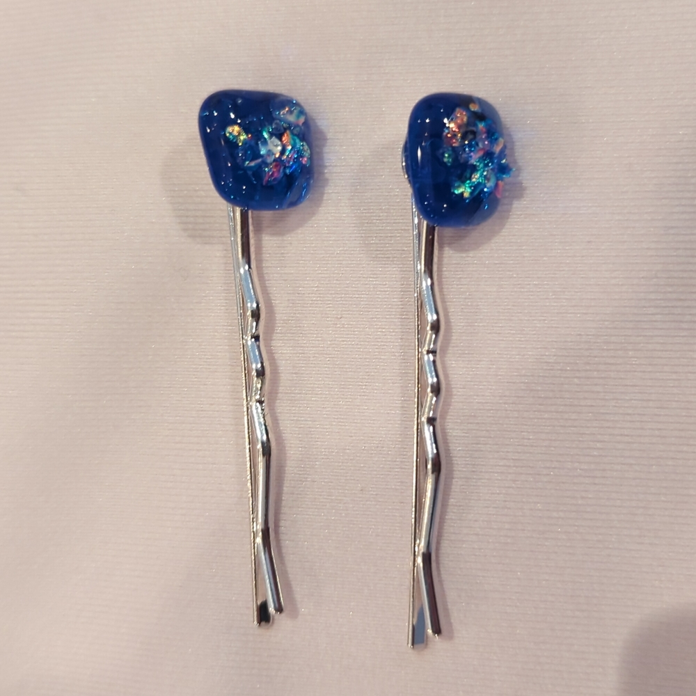 Fused glass blue silver barrettes with dicrotic glass sparkle!